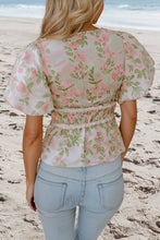 Load image into Gallery viewer, Floral Puff Sleeve Tied Front Peplum Blouse | S-XL