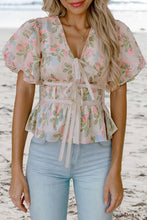 Load image into Gallery viewer, Floral Puff Sleeve Tied Front Peplum Blouse | S-XL