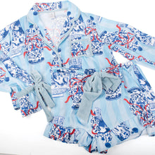 Load image into Gallery viewer, Holiday Ginger Jar Stripe Satin Ruffle Short PJ Set