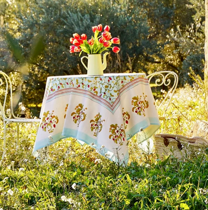 French Strawberry Blue Tablecloth 59”