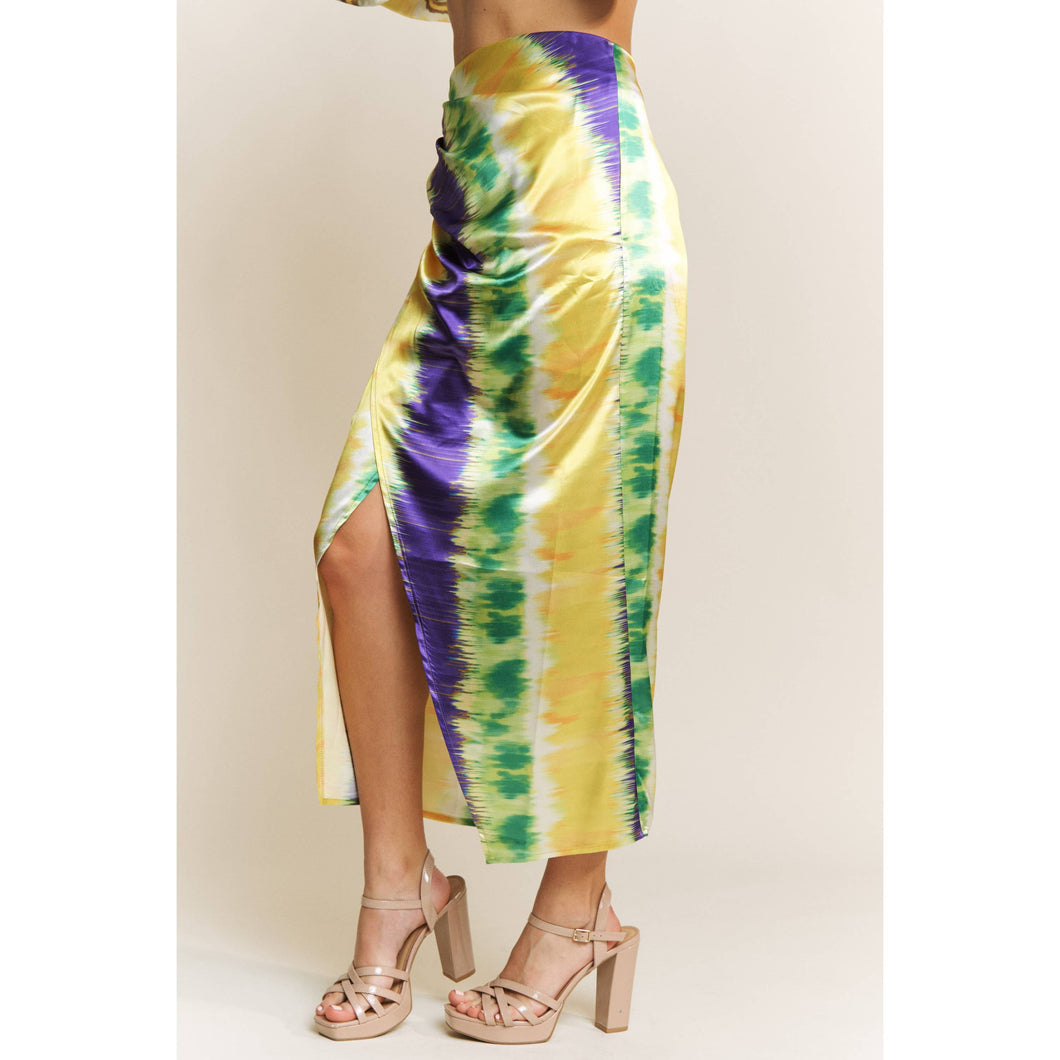 MARDI GRAS STRIPED SATIN PRINT WRAP MIDI SKIRT