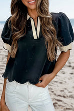 Load image into Gallery viewer, Color Contrast Collared V Neck Puff Sleeve Blouse | S-XL
