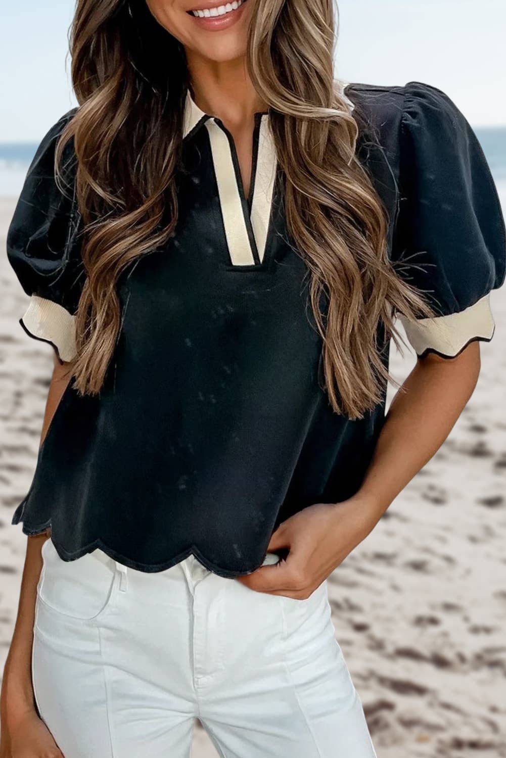 Color Contrast Collared V Neck Puff Sleeve Blouse | S-XL