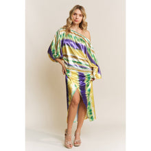 Load image into Gallery viewer, MARDI GRAS STRIPED SATIN PRINT WRAP MIDI SKIRT
