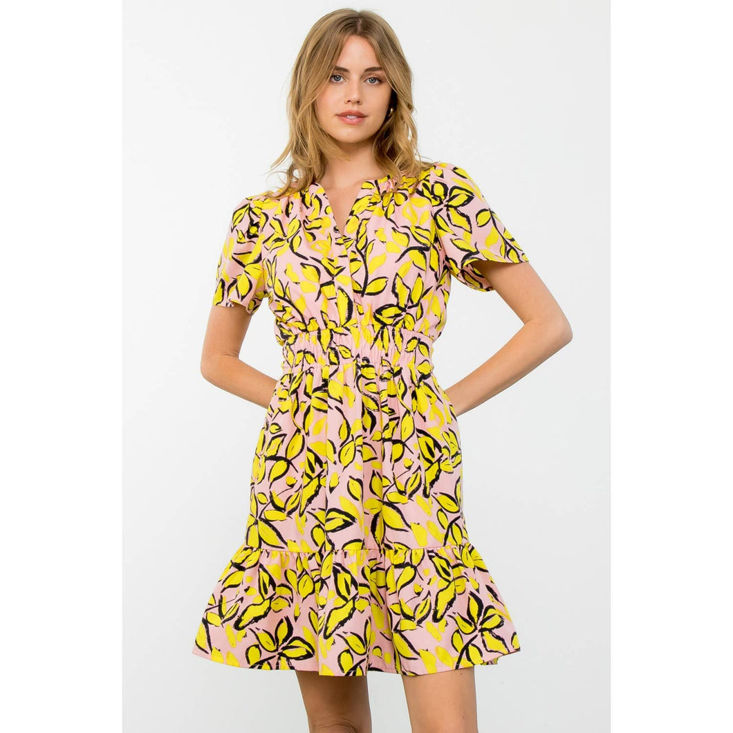 Short Sleeve Smocked Leaf Print Dress