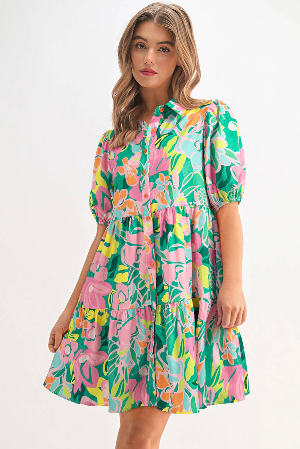Sassy Floral Print Collared Loose Babydoll Mini Dress | S-XL
