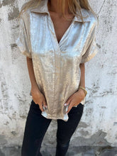 Load image into Gallery viewer, Smart Metallic Textured Button-down short sleeve blouse
