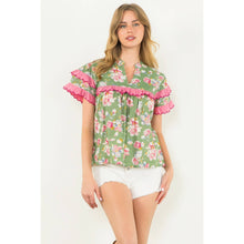 Load image into Gallery viewer, Ruffle Trim Floral Short Sleeve Top
