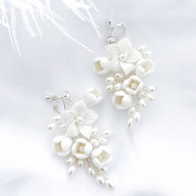 Load image into Gallery viewer, Porcelain Flower and Pearl Spray Drop Earrings
