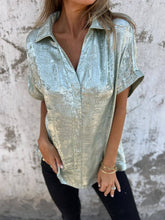 Load image into Gallery viewer, Smart Metallic Textured Button-down short sleeve blouse
