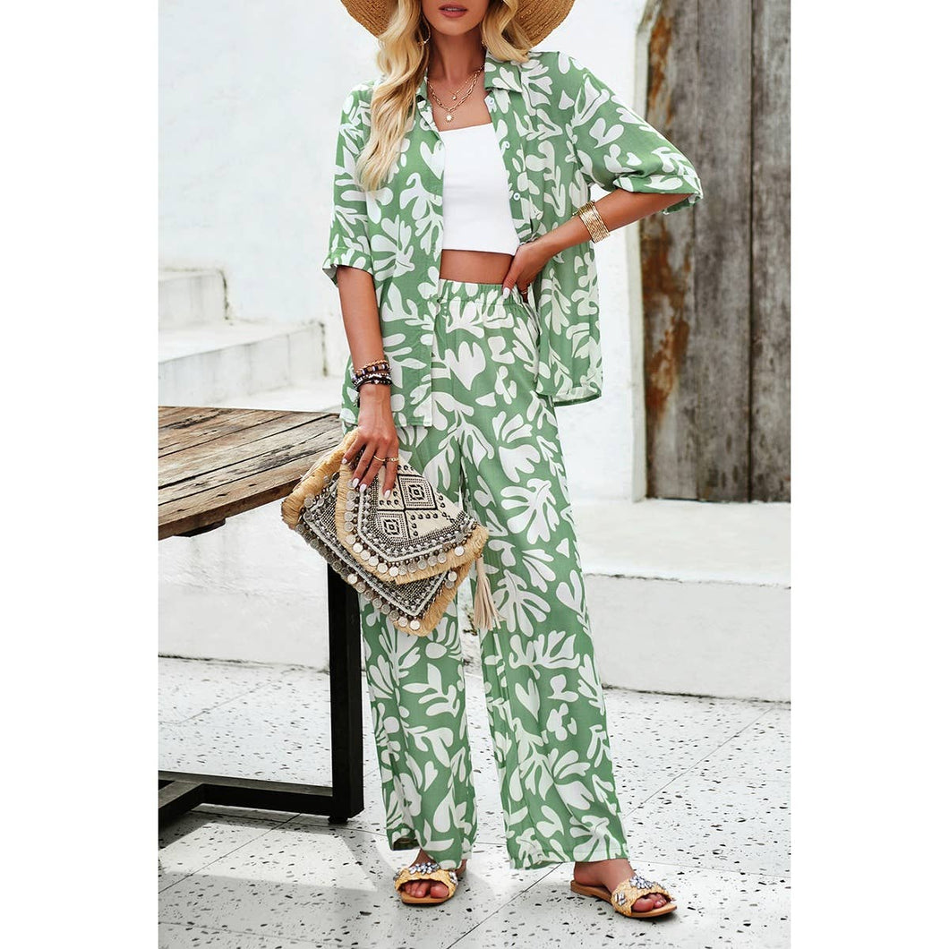 Casual Allover Print Elastic Button Blouse Sets