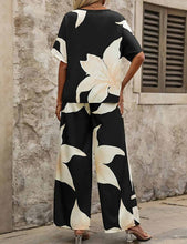 Load image into Gallery viewer, Ladies Color Block Floral Print Short Sleeves Top &amp; Pants Set 
