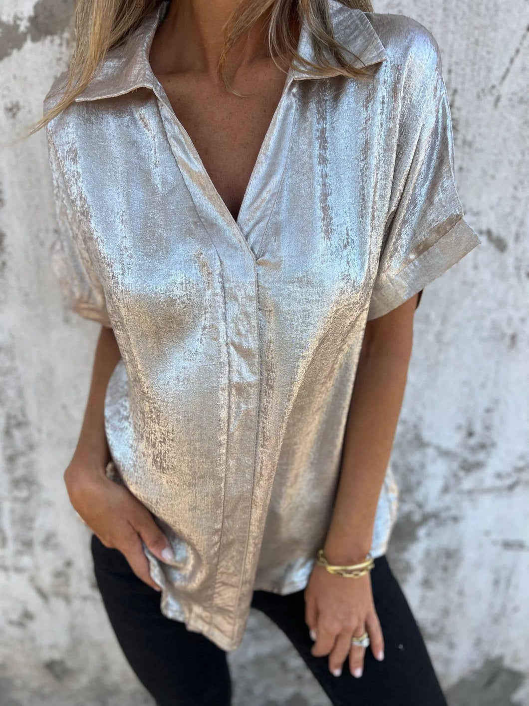 Smart Metallic Textured Button-down short sleeve blouse