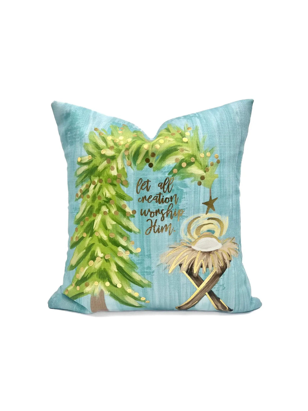 Gold Foil All Creation Worship Pillow - Christmas Throw Pillow - Nativity