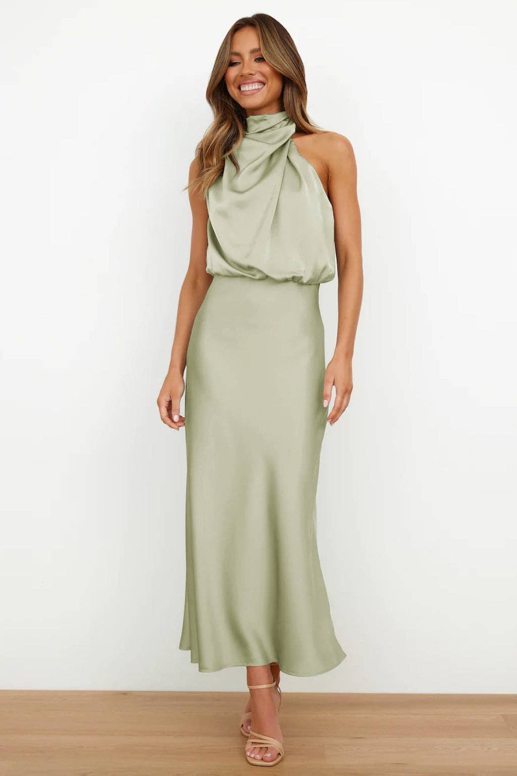 Ladies Eleganr Sleeveless Satin Midi Dress