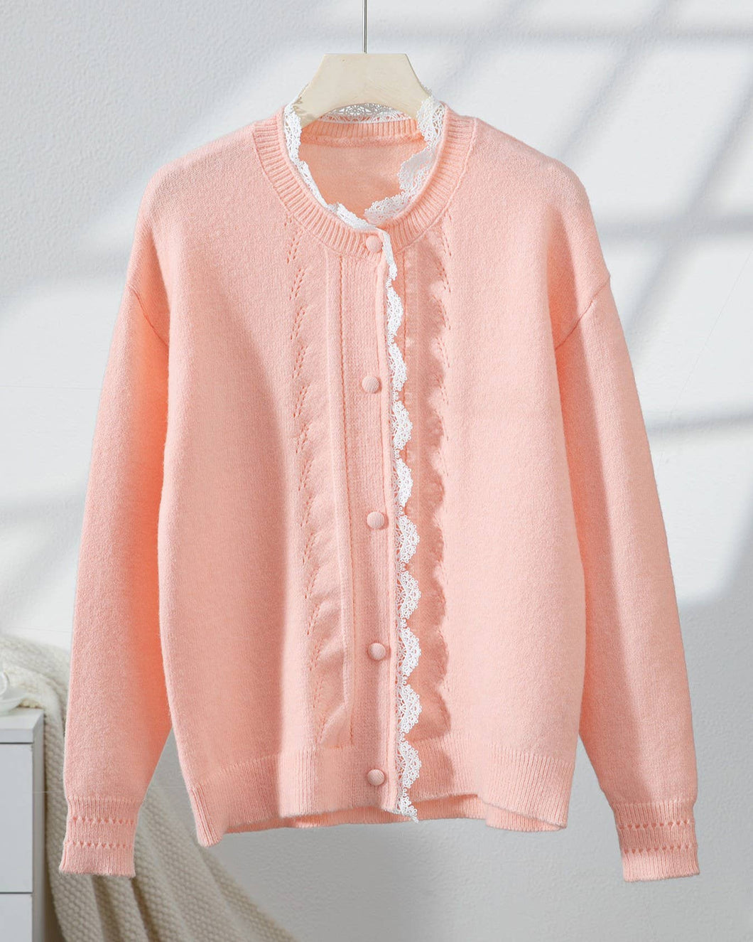Casual Lace Trim Pink Cardigan Knit Button Sweater