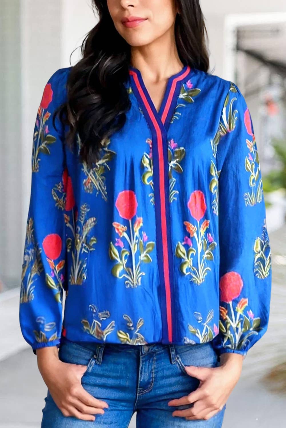 Floral Print Colorblock Long Sleeve Blouse | S-XL