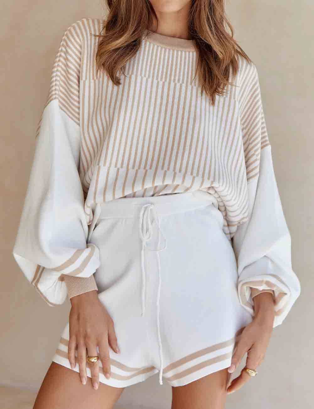 Ladies Color Block Striped Print Knit Top & Shorts Set