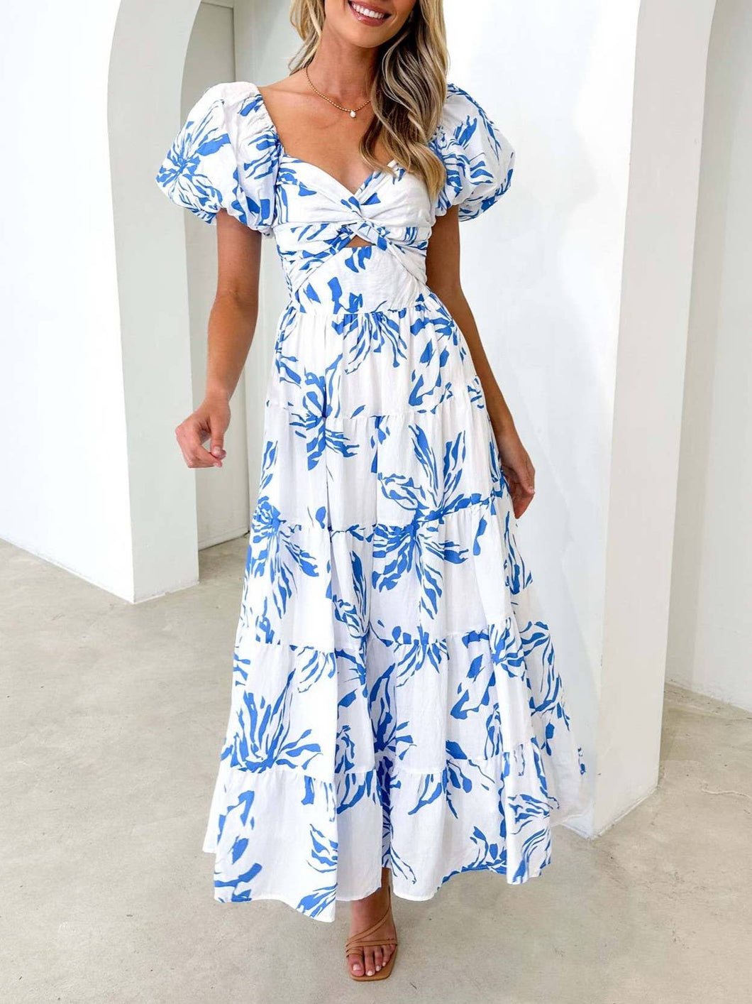 Puff off the shoulder twist floral prairie maxi dress