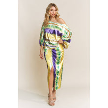 Load image into Gallery viewer, MARDI GRAS STRIPED SATIN PRINT WRAP MIDI SKIRT
