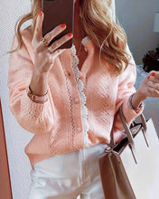 Load image into Gallery viewer, Casual Lace Trim Pink Cardigan Knit Button Sweater
