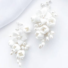 Load image into Gallery viewer, Porcelain Flower and Pearl Spray Drop Earrings
