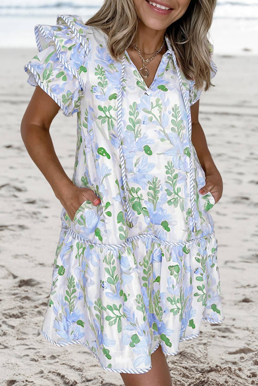 Floral Contrast Edge Layered Tied Neck Mini Dress | S-XL