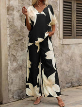 Load image into Gallery viewer, Ladies Color Block Floral Print Short Sleeves Top &amp; Pants Set 
