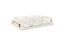 Load image into Gallery viewer, 6 Gold Trimmed Glass Bowl on Serving Dish White Tray- 13.5&quot;L

