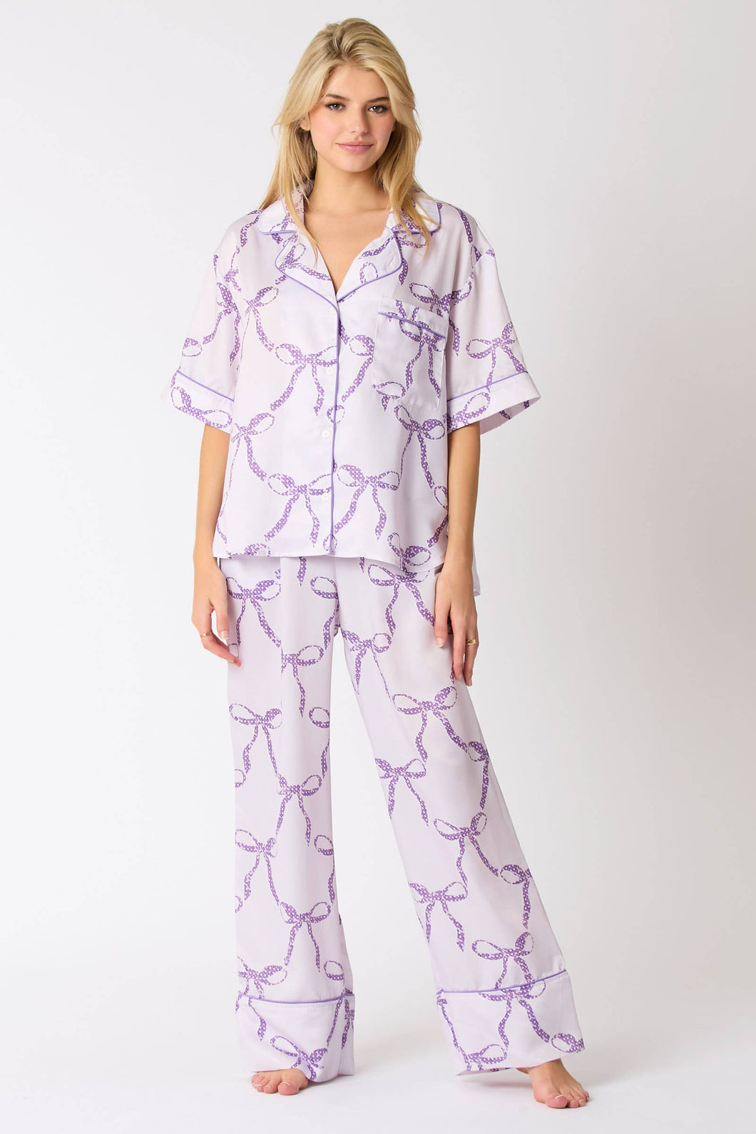 Satin Sequins Ribbon Prints Pajama Pants
